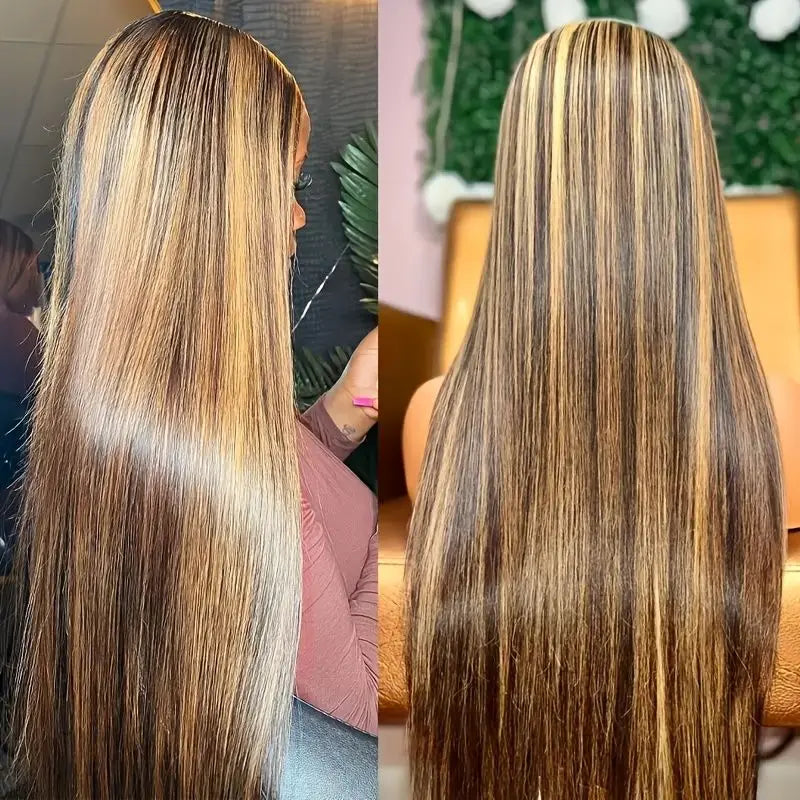 Back view of 16-inch straight human hair lace front wig with honey blonde highlights