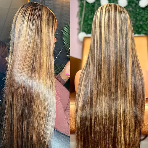 Back view of 16-inch straight human hair lace front wig with honey blonde highlights