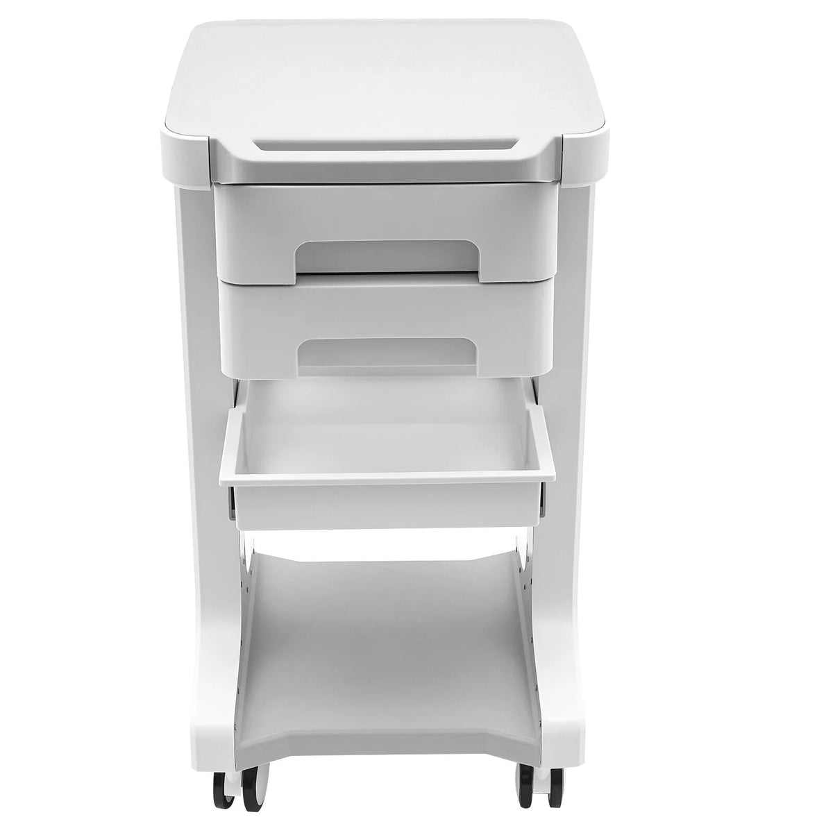 Front view of a white mobile storage cart with shelves and drawers