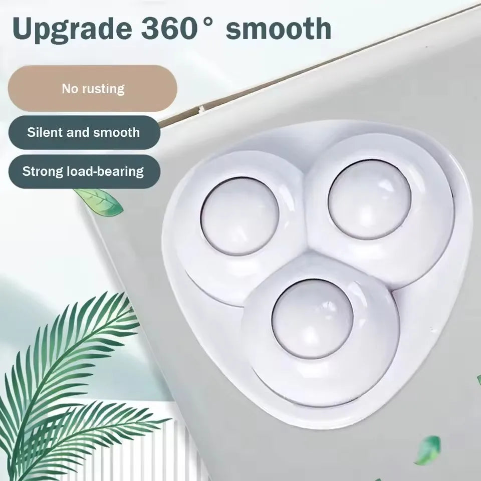White self-adhesive furniture caster with labels pointing out durable, silent, and load-bearing features.