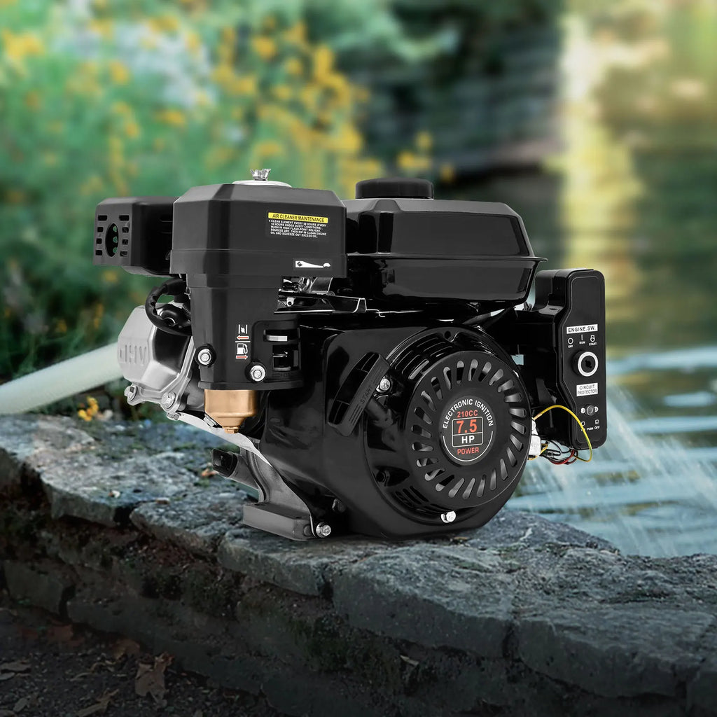 7.5HP 4-stroke 212cc black gasoline engine with electric start on a stone ledge