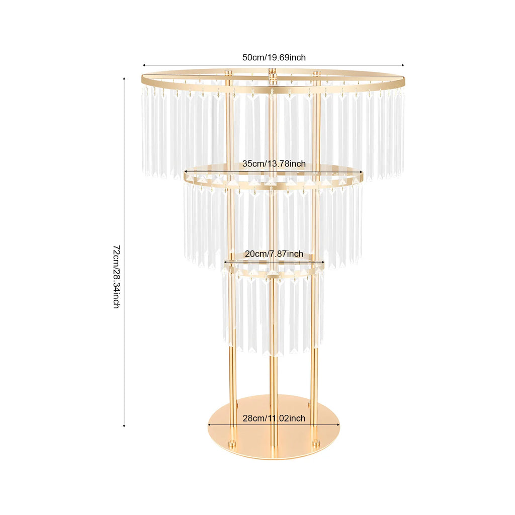 Three-tier gold metal and crystal flower stand showing dimensions for height and diameter.
