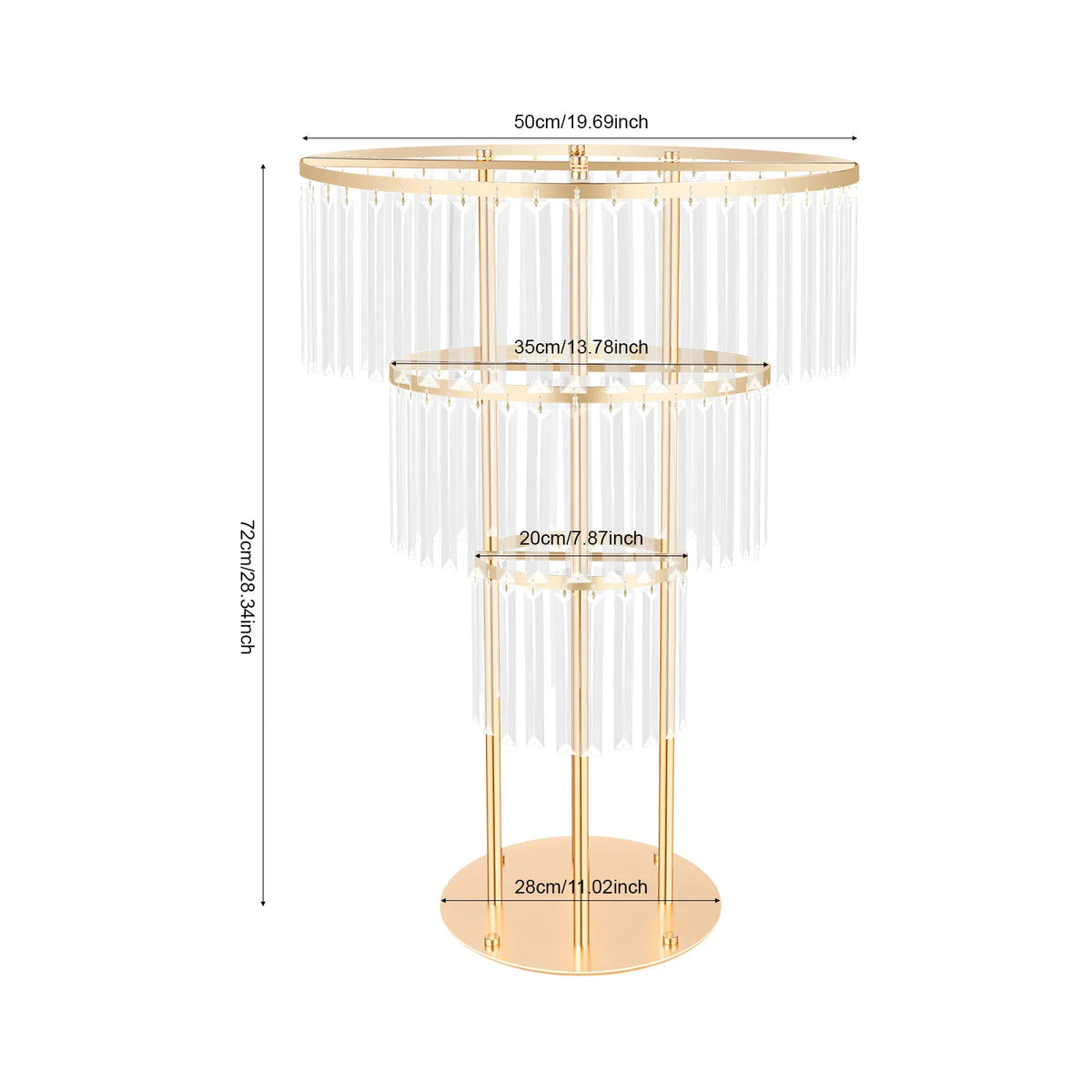Three-tier gold metal and crystal flower stand showing dimensions for height and diameter.