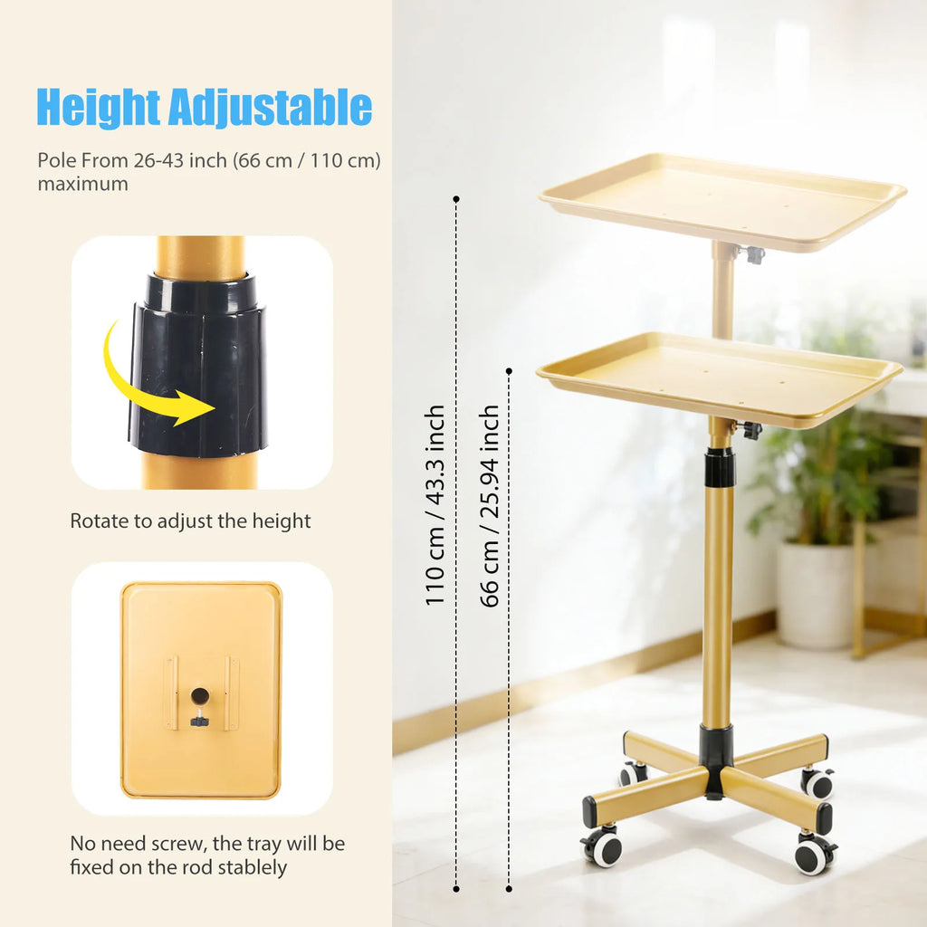 Gold adjustable rolling salon trolley showing height adjustment features and measurements