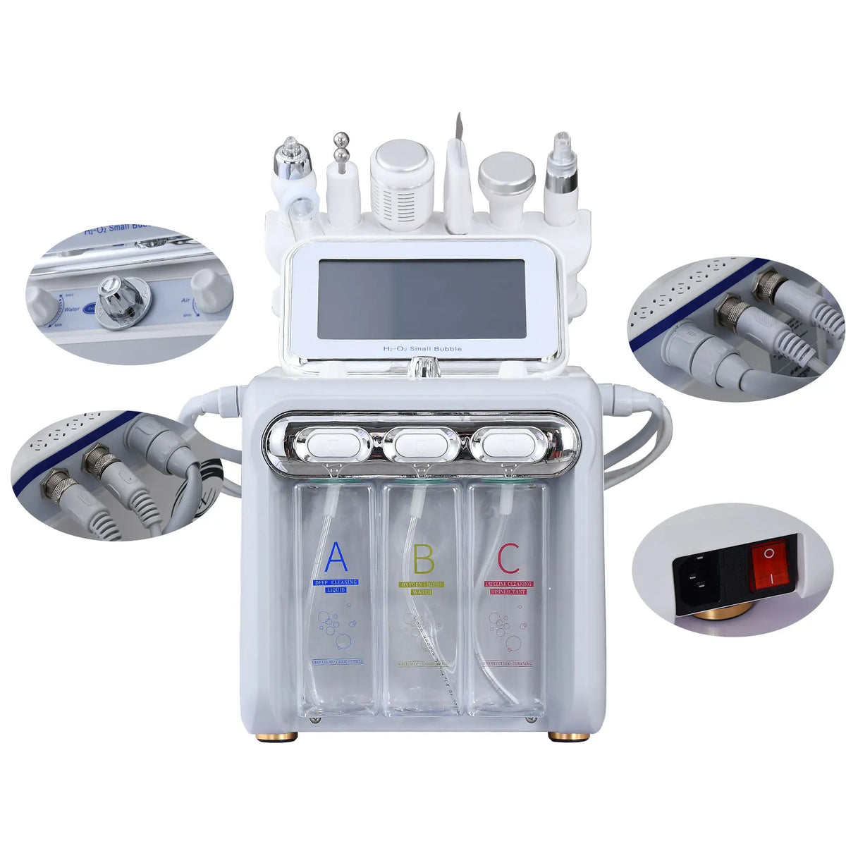 6-in-1 facial machine with smaller circular inserts highlighting device components and connection ports