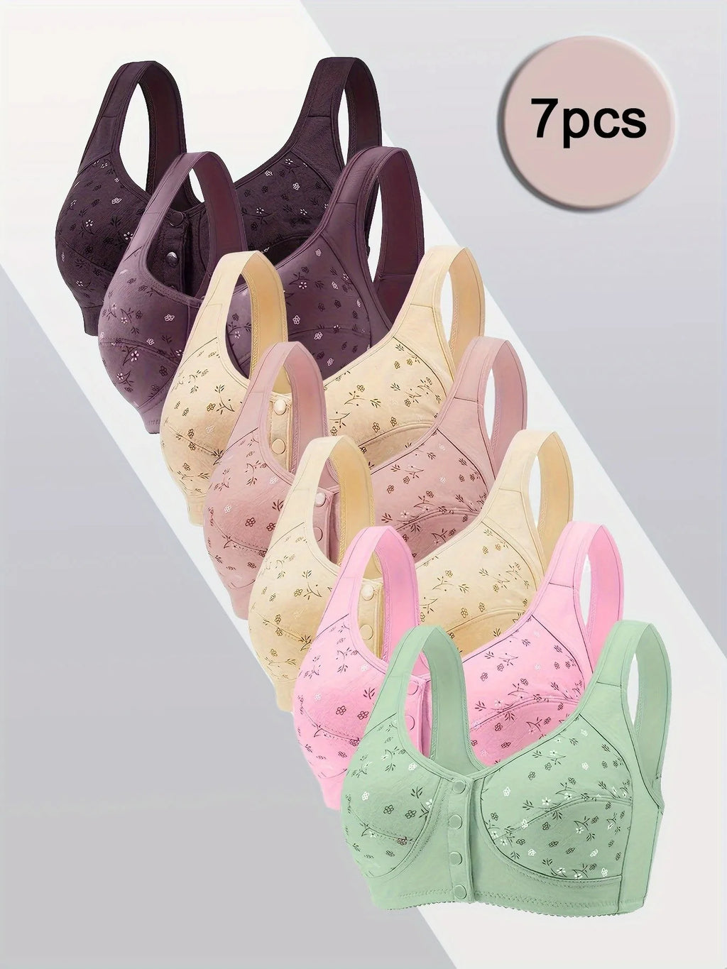 7-Piece Lace Front Closure Push-Up Bra Set, Wire-Free Padded Lingerie – 7 Mixed Colors
