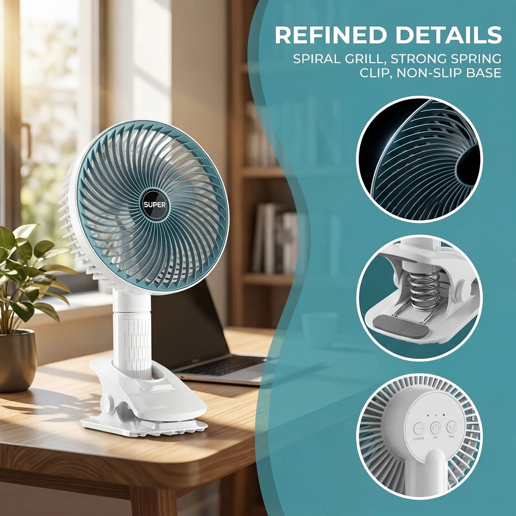 Small portable blue desk fan with clamp base, close-up details showing the grill, spring clip, and control buttons