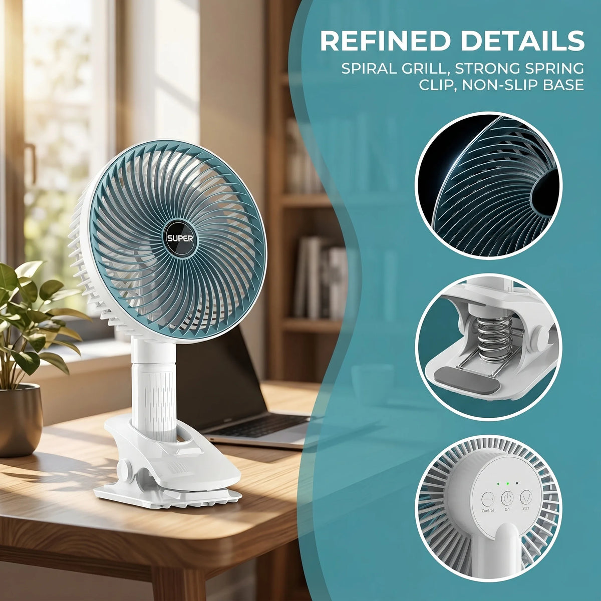 Small portable blue desk fan with clamp base, close-up details showing the grill, spring clip, and control buttons