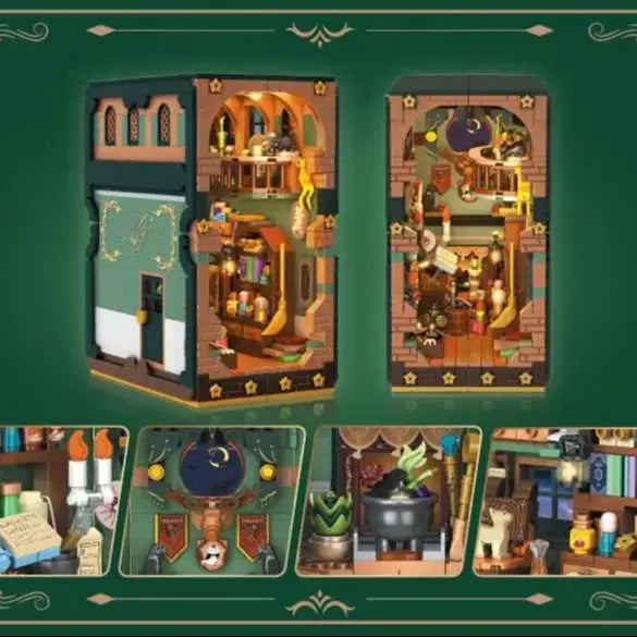 Two views of a miniature wizard room assembly set with detailed inset photos of interior parts.