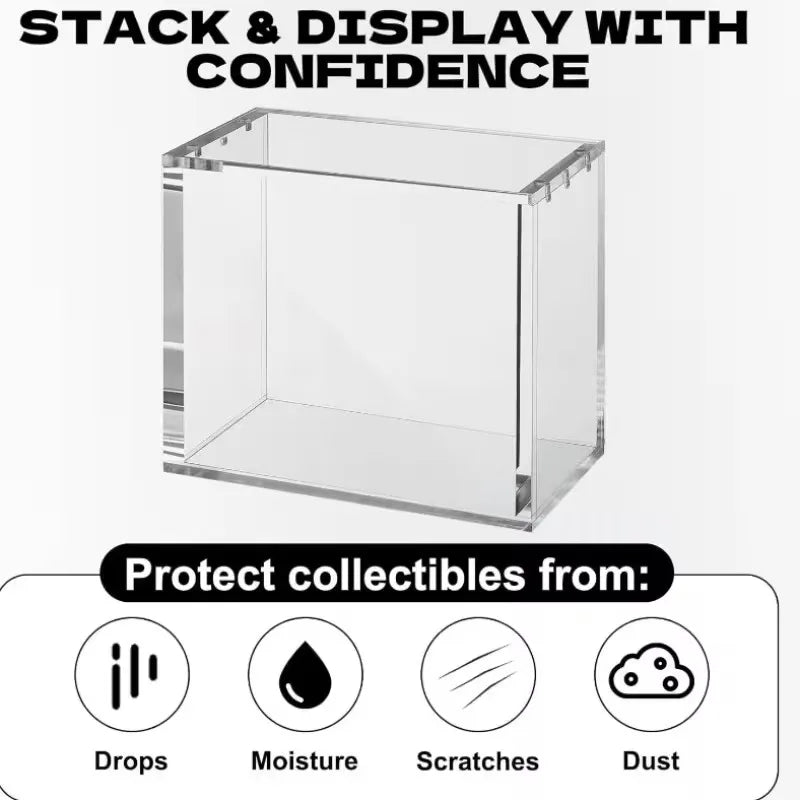 Clear acrylic display case showing protective properties against drops, moisture, scratches and dust