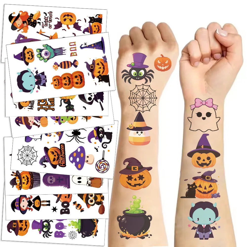 Temporary Halloween tattoos for kids featuring pumpkin, ghost, spider, and witch designs applied on arms