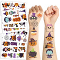 Temporary Halloween tattoos for kids featuring pumpkin, ghost, spider, and witch designs applied on arms