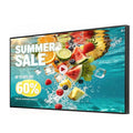 A P5 programmable LED display showing summer sale graphics with fruit and water splash imagery.