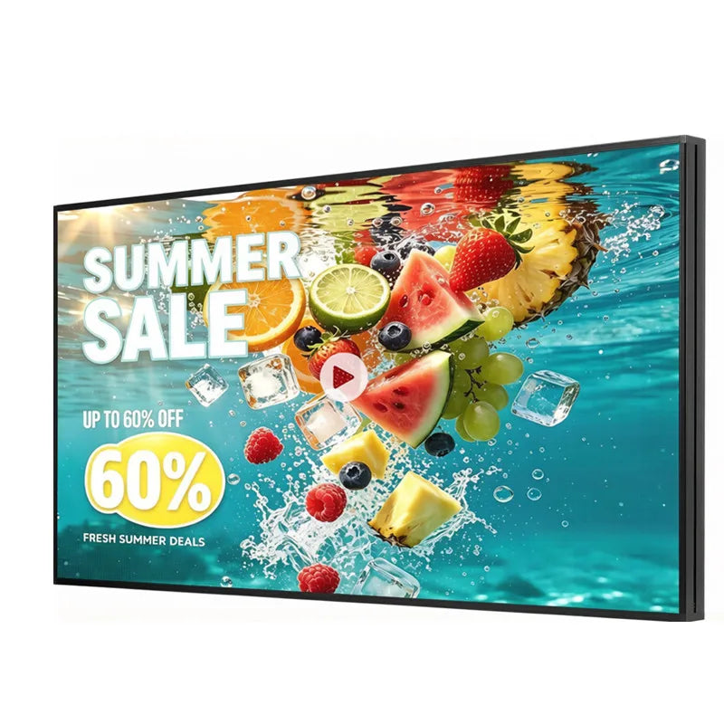 A P5 programmable LED display showing summer sale graphics with fruit and water splash imagery.
