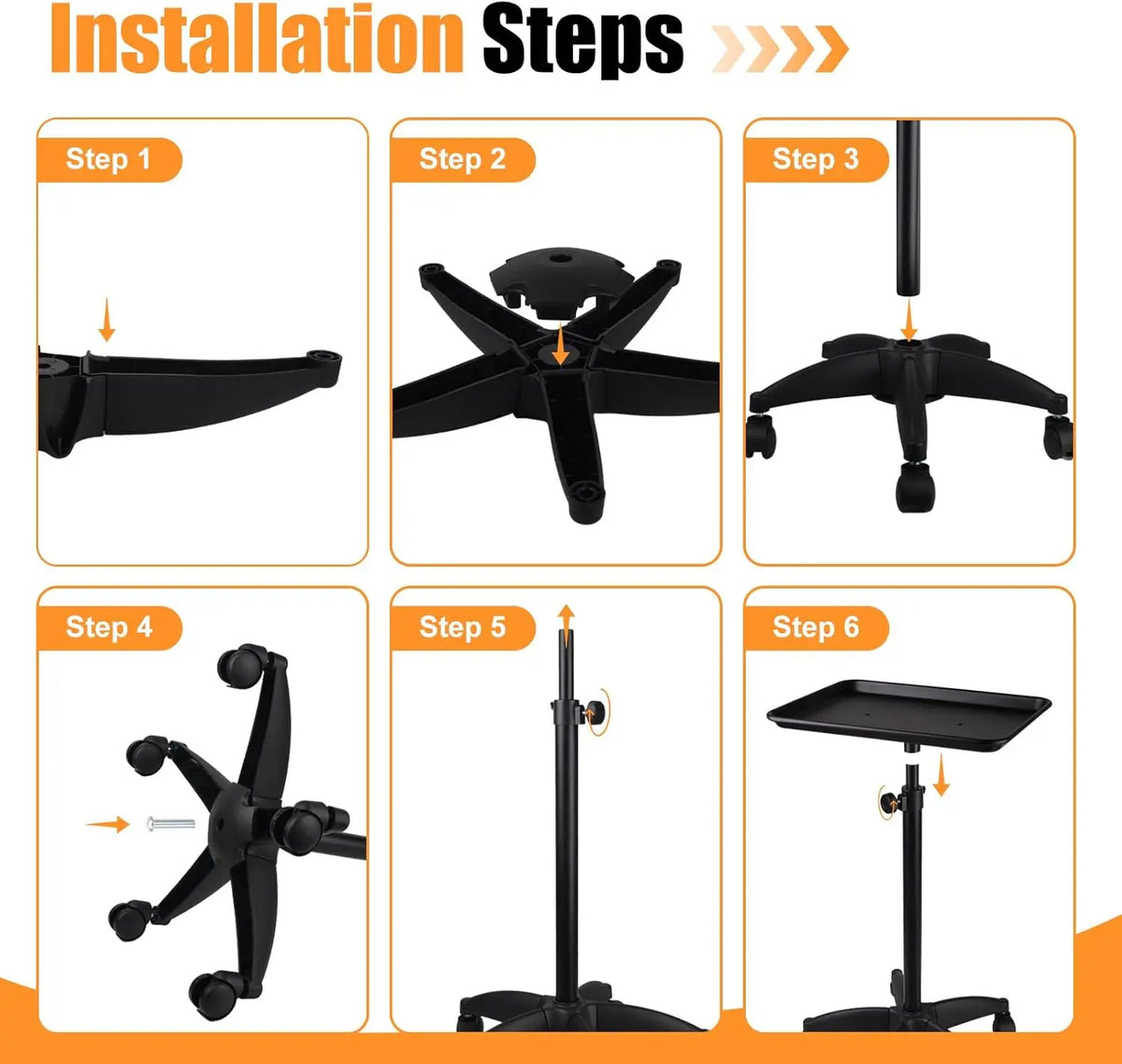 Six-step visual guide showing how to assemble the rolling salon cart