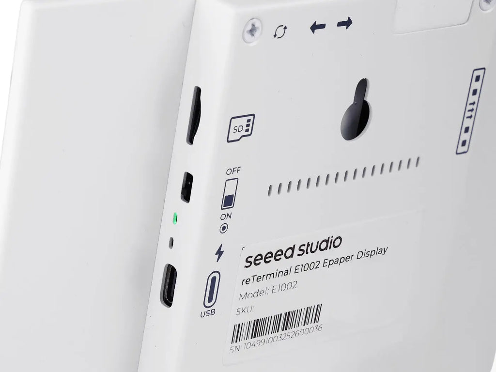 Close up rear view of the e-paper display showing ports and power switch