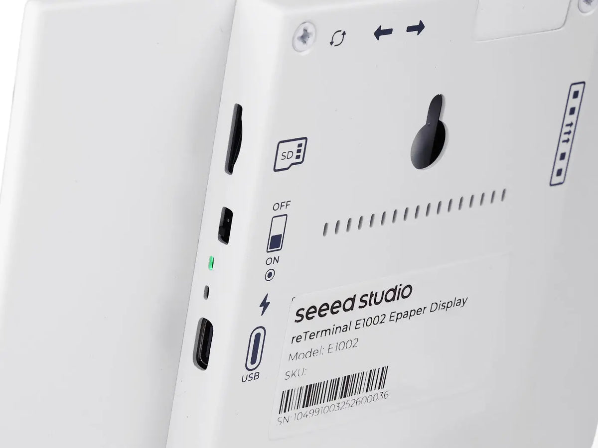 Close up rear view of the e-paper display showing ports and power switch