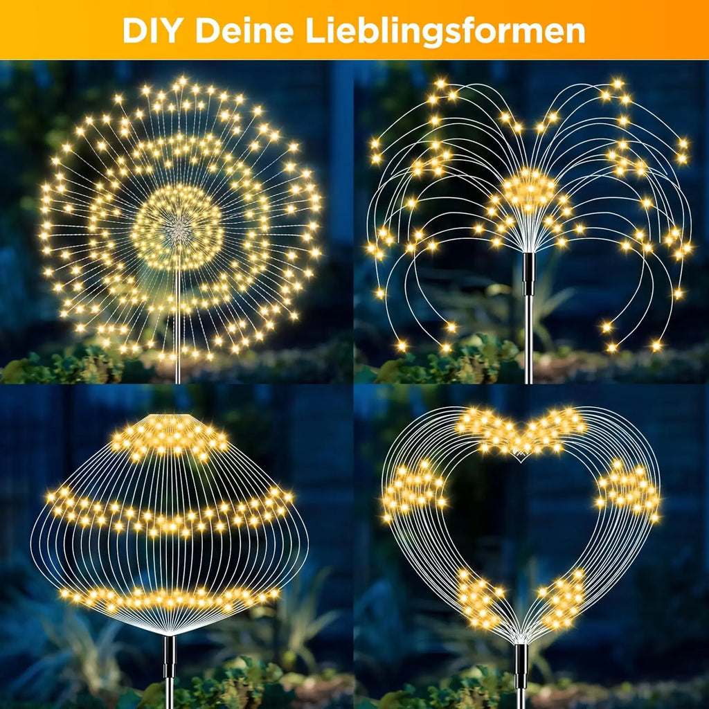 Four different display settings for warm white LED solar firework garden lights