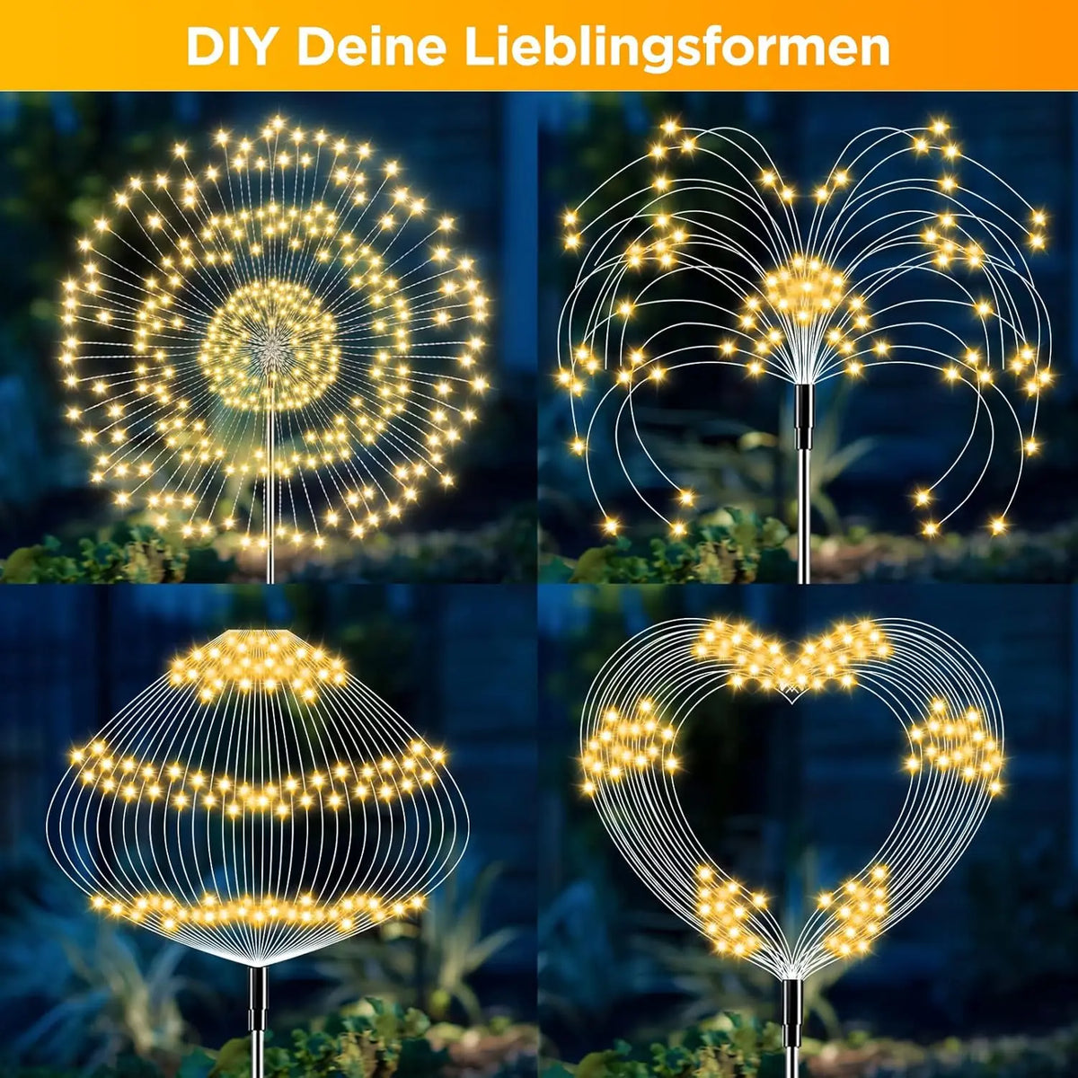 Four different display settings for warm white LED solar firework garden lights