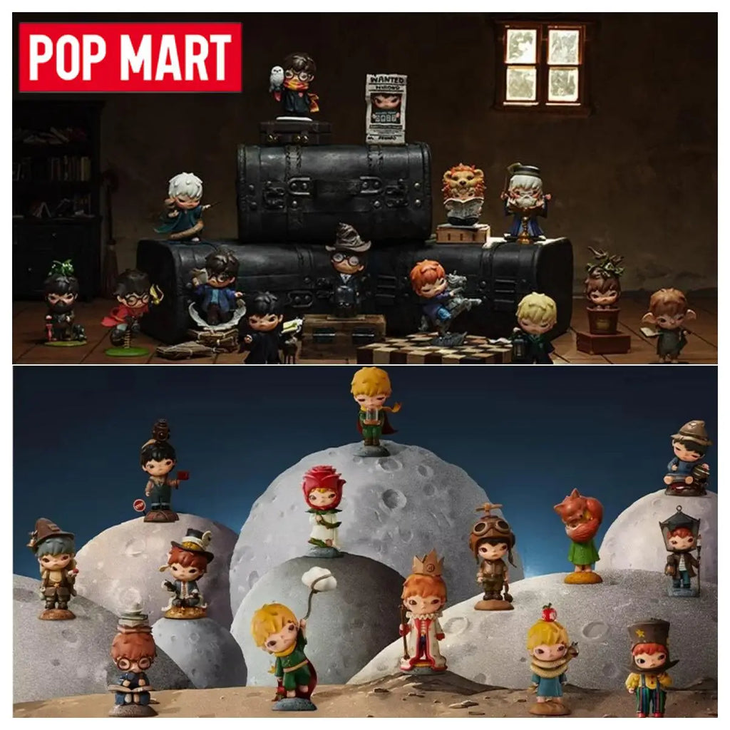 Collection of various miniature fantasy character figurines standing on stylized display surfaces
