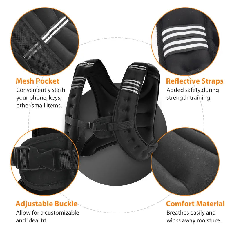 Weighted vest features highlighting mesh pocket, reflective straps, buckle and material.