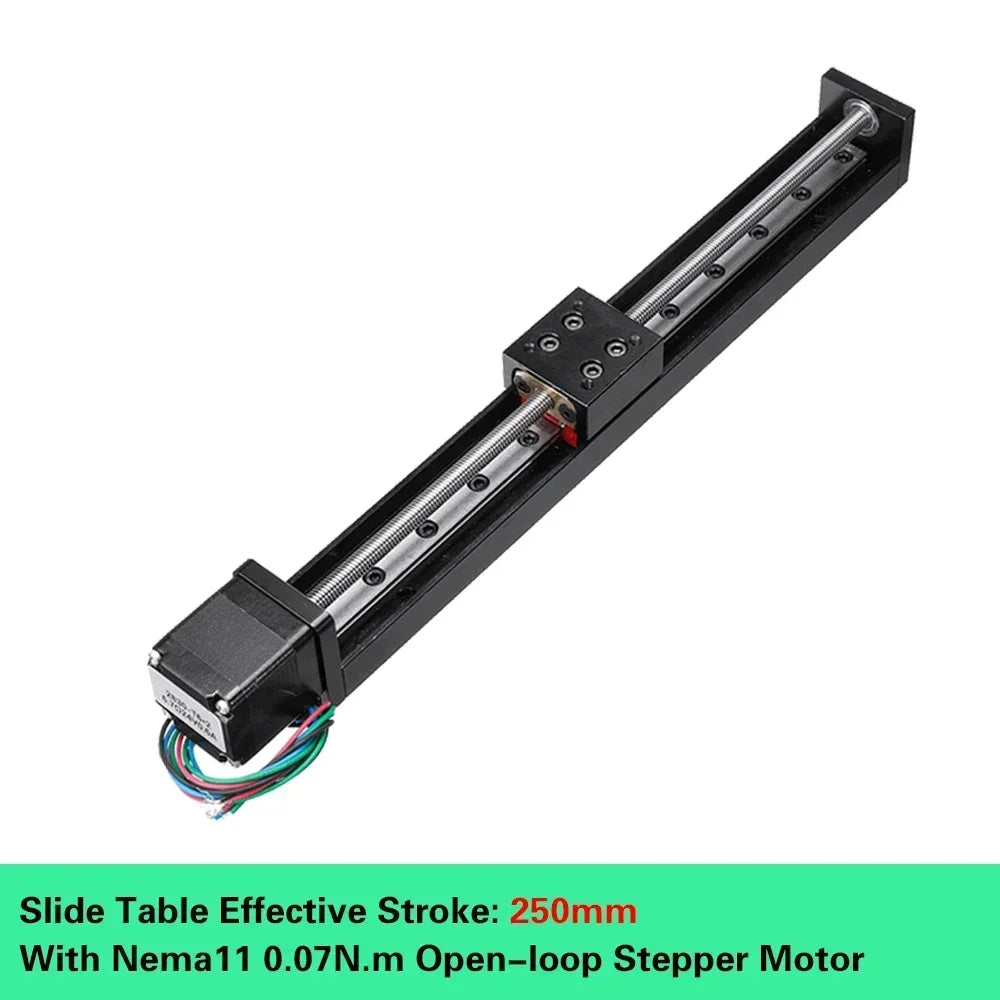 T06 Electric Linear Sliding Table with Nema 11 Stepper Motor, 50-300mm Stroke – 250mm Stroke