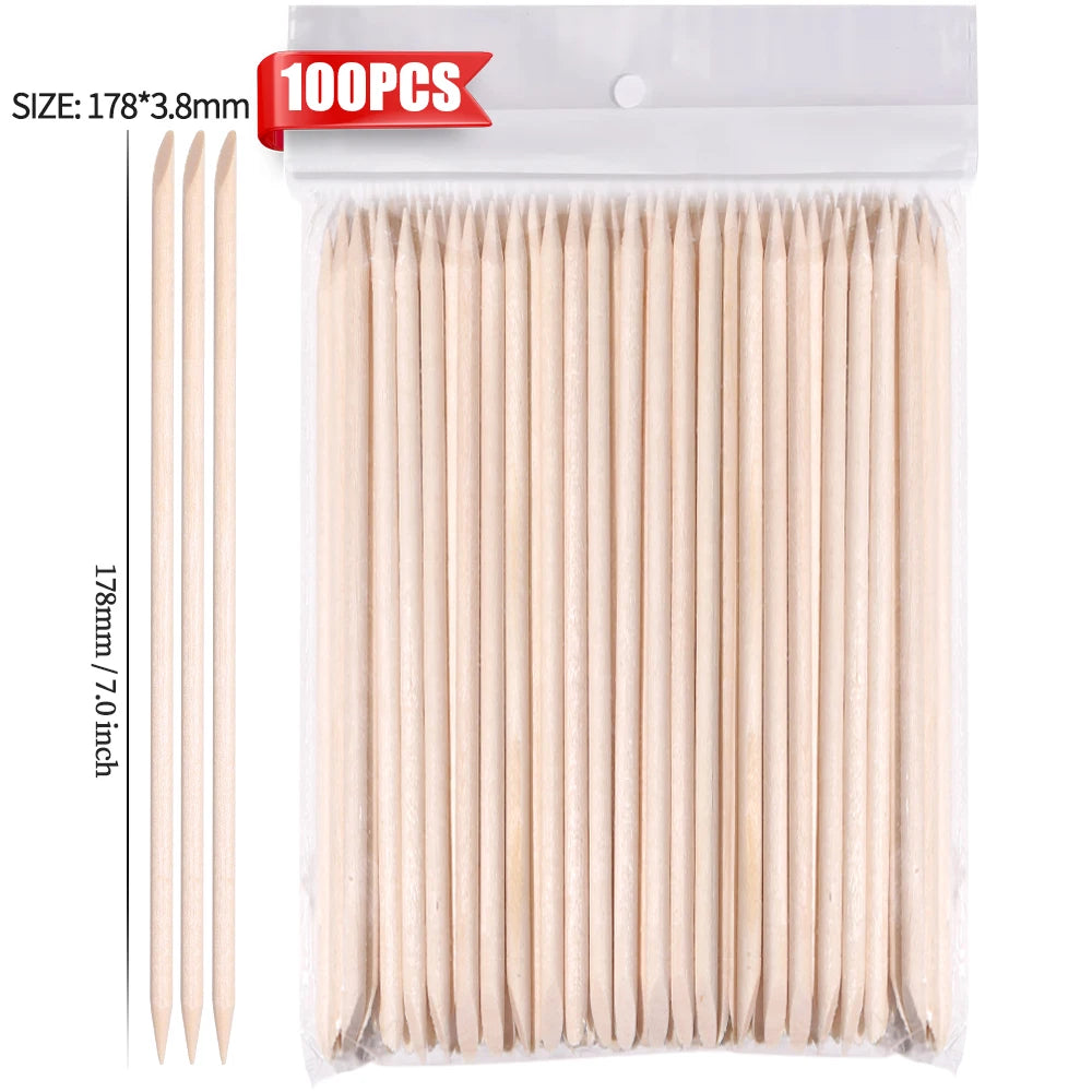 100-Piece Natural Orange Wood Nail Sticks, Double-Sided Cuticle Pushers – 178 mm