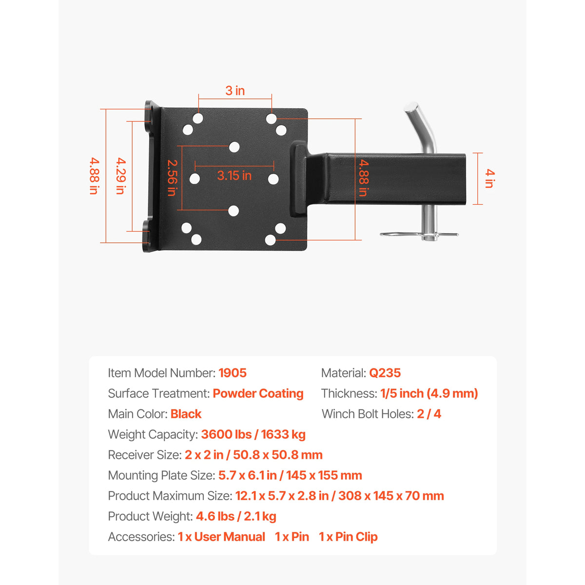 Trailer Hitch Winch Mount for 2-Inch Receivers, 15,000 lbs Capacity – 3600 lbs