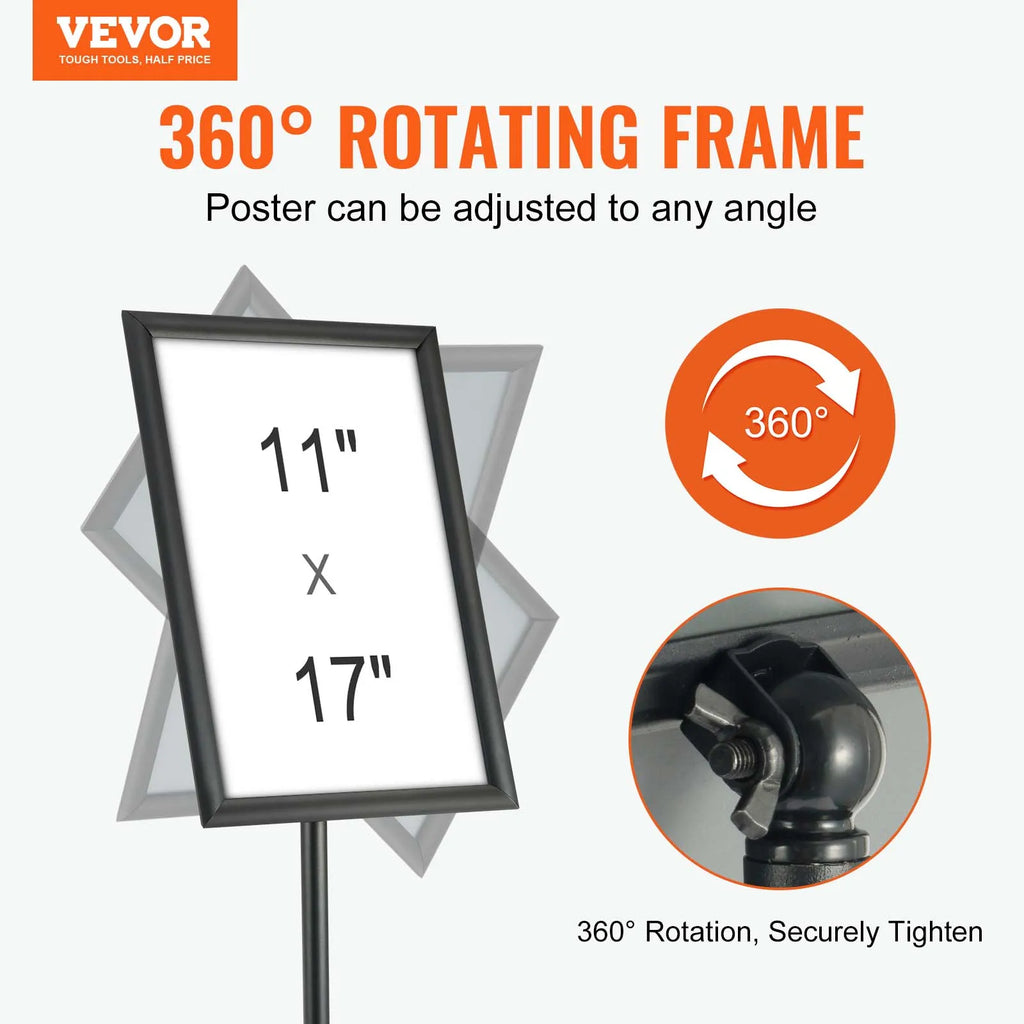Black pedestal sign holder showing the 360-degree rotating frame mechanism and adjustable joint.