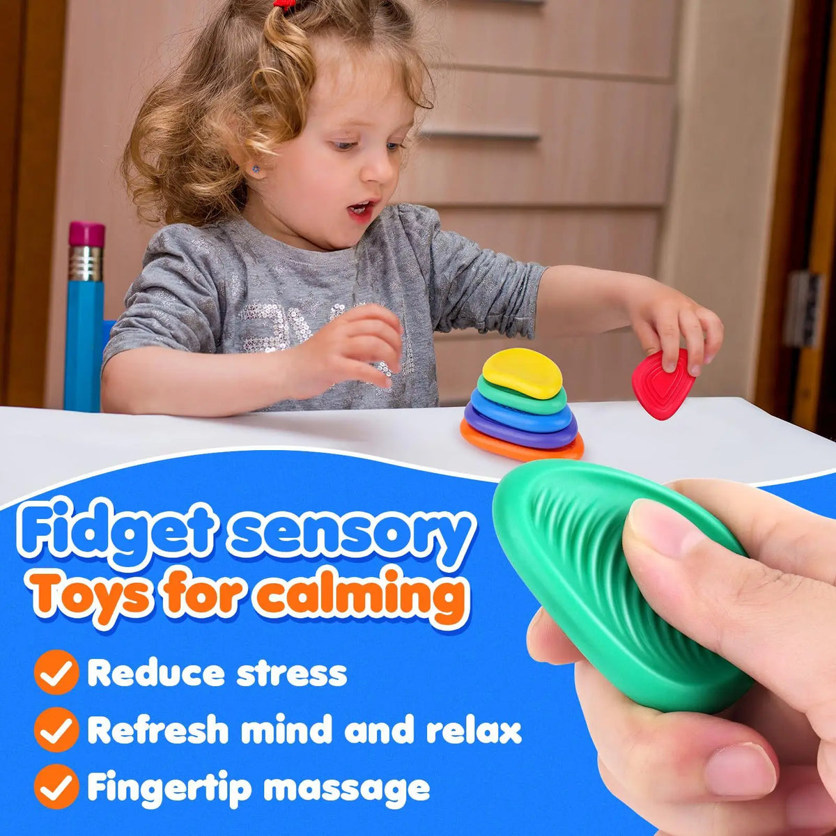 Child using colorful silicone sensory stones for fidgeting and stress relief