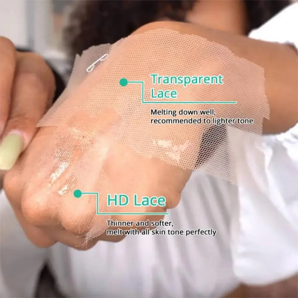 Close up view of lace material demonstrating the difference between transparent lace and HD lace
