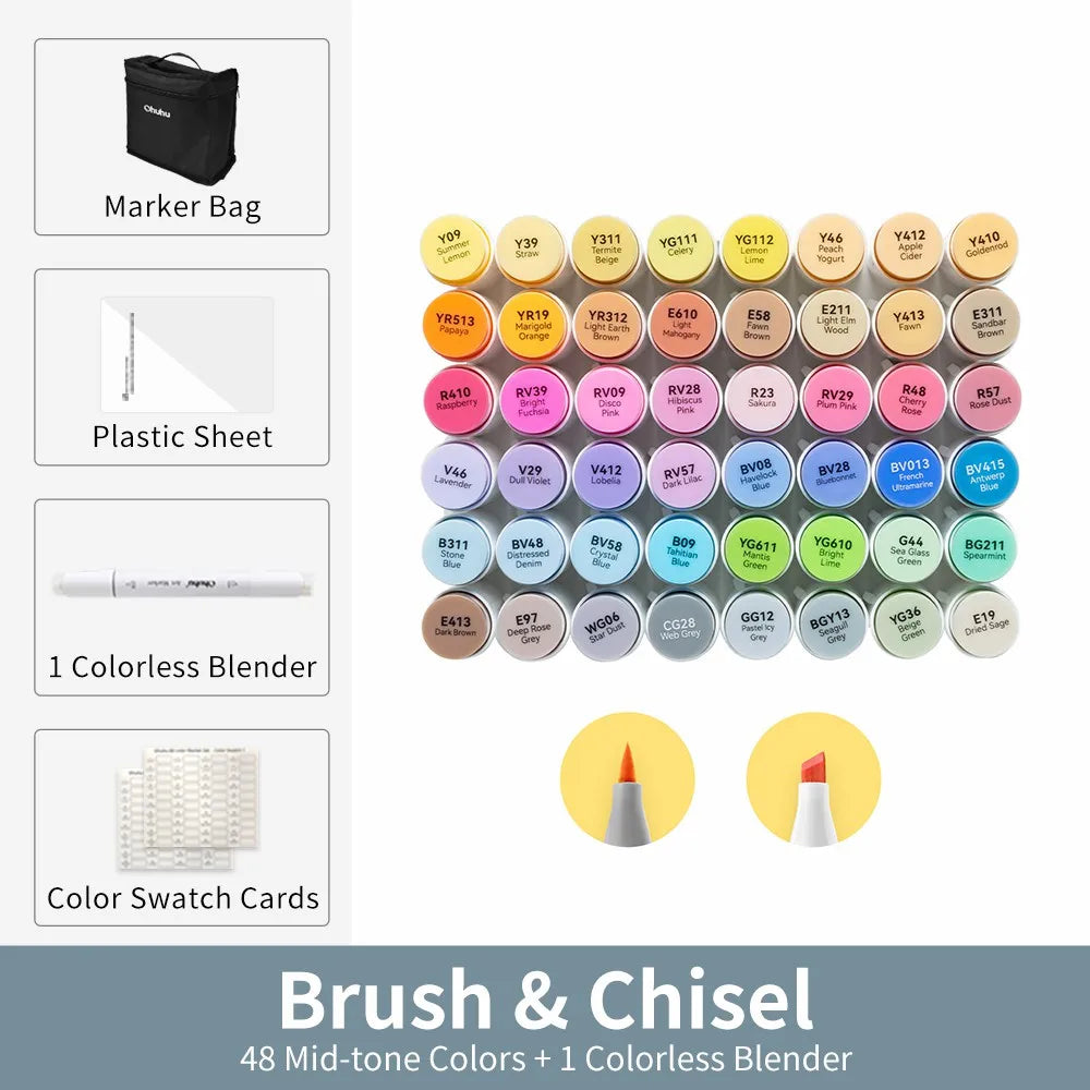 Ohuhu Honolulu Dual-Tip Alcohol Art Marker Set with Carrying Case – 48 Mid-tone Colors
