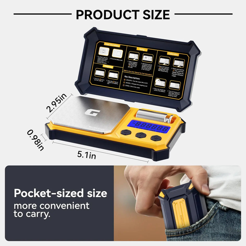Compact digital gram scale with dimensions indicated and shown fitting inside a pocket