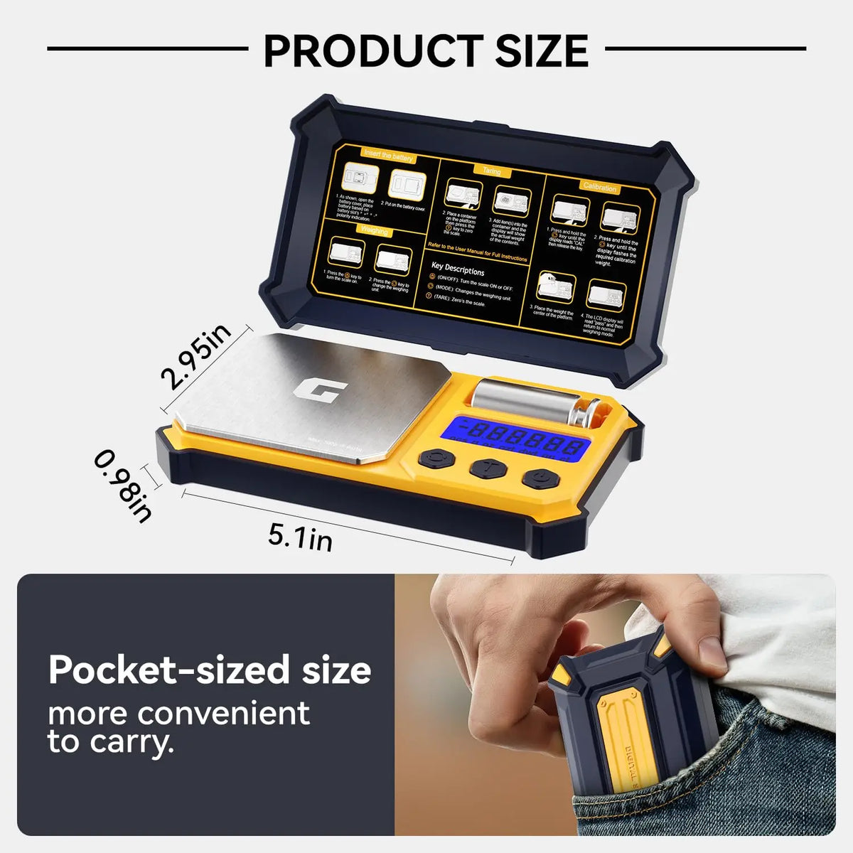 Compact digital gram scale with dimensions indicated and shown fitting inside a pocket
