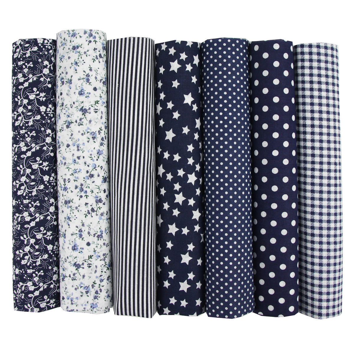 7-Piece 100% Cotton Craft Fabric Bundle, 25x25cm or 50x50cm – Navy