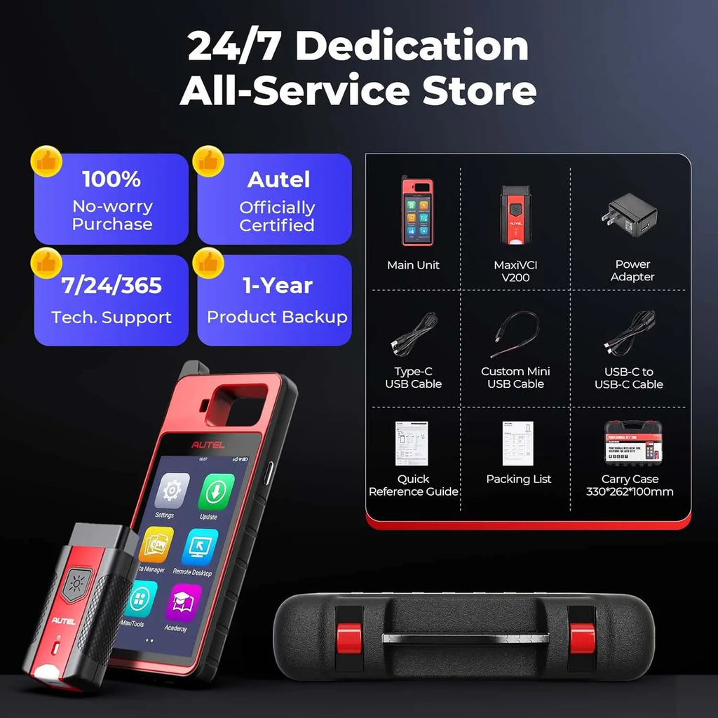 Car key programming tool kit including scanner, adapter, cables, power supply, and carrying case