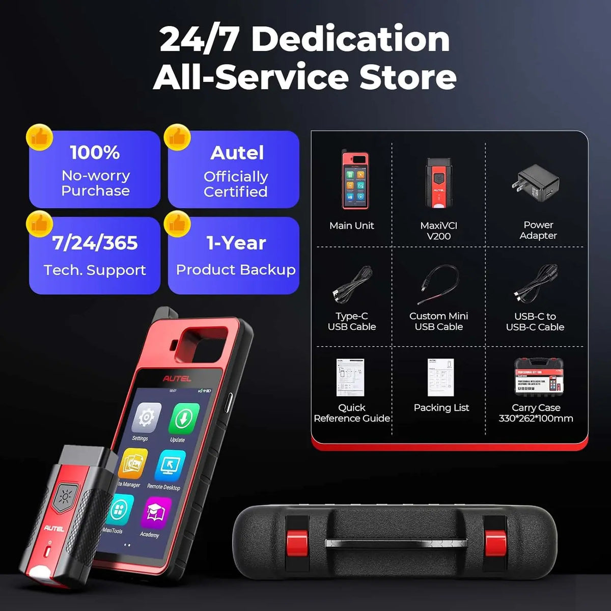 Car key programming tool kit including scanner, adapter, cables, power supply, and carrying case