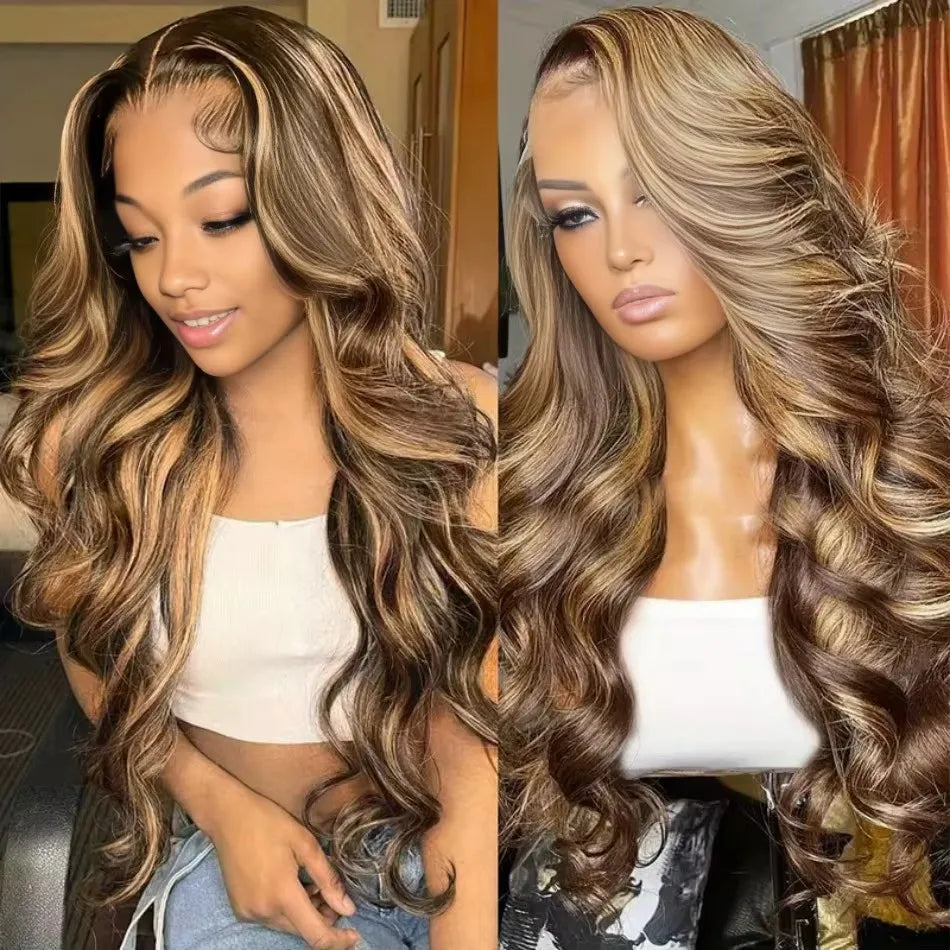 Model wearing a highlighted brown and blonde body wave lace front wig