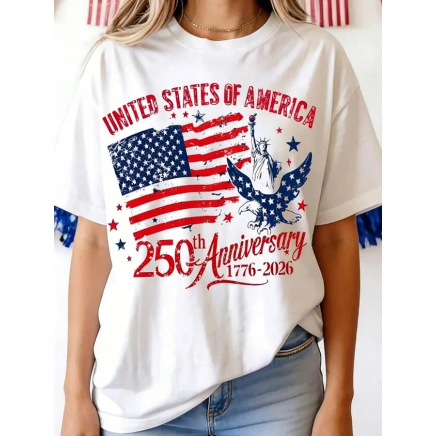 A woman wearing a white graphic t-shirt with patriotic 250th anniversary print.