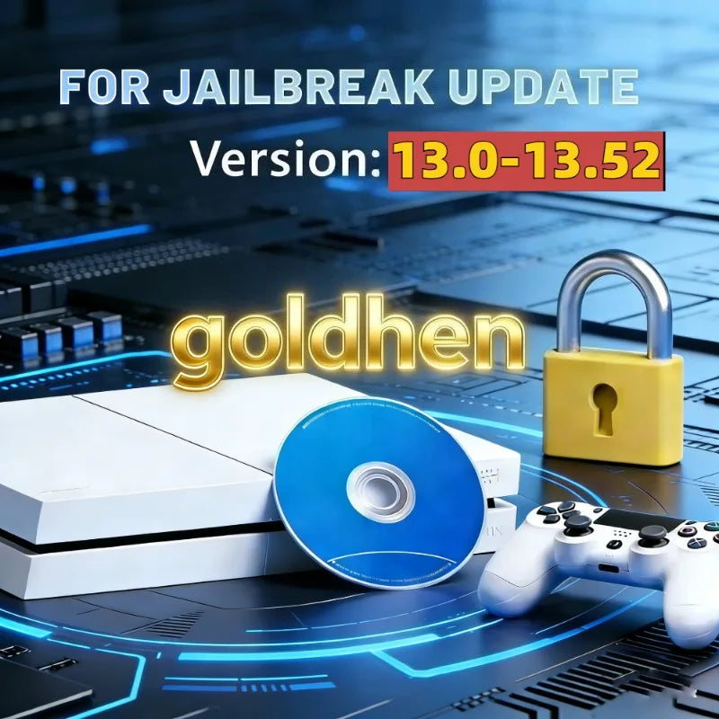 Blue ray disc for video game console jailbreak displayed with a white game console, controller, and padlock icon