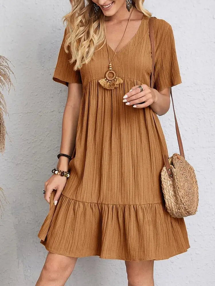 Women's V-Neck A-Line Mini Dress with Ruffles – Drown