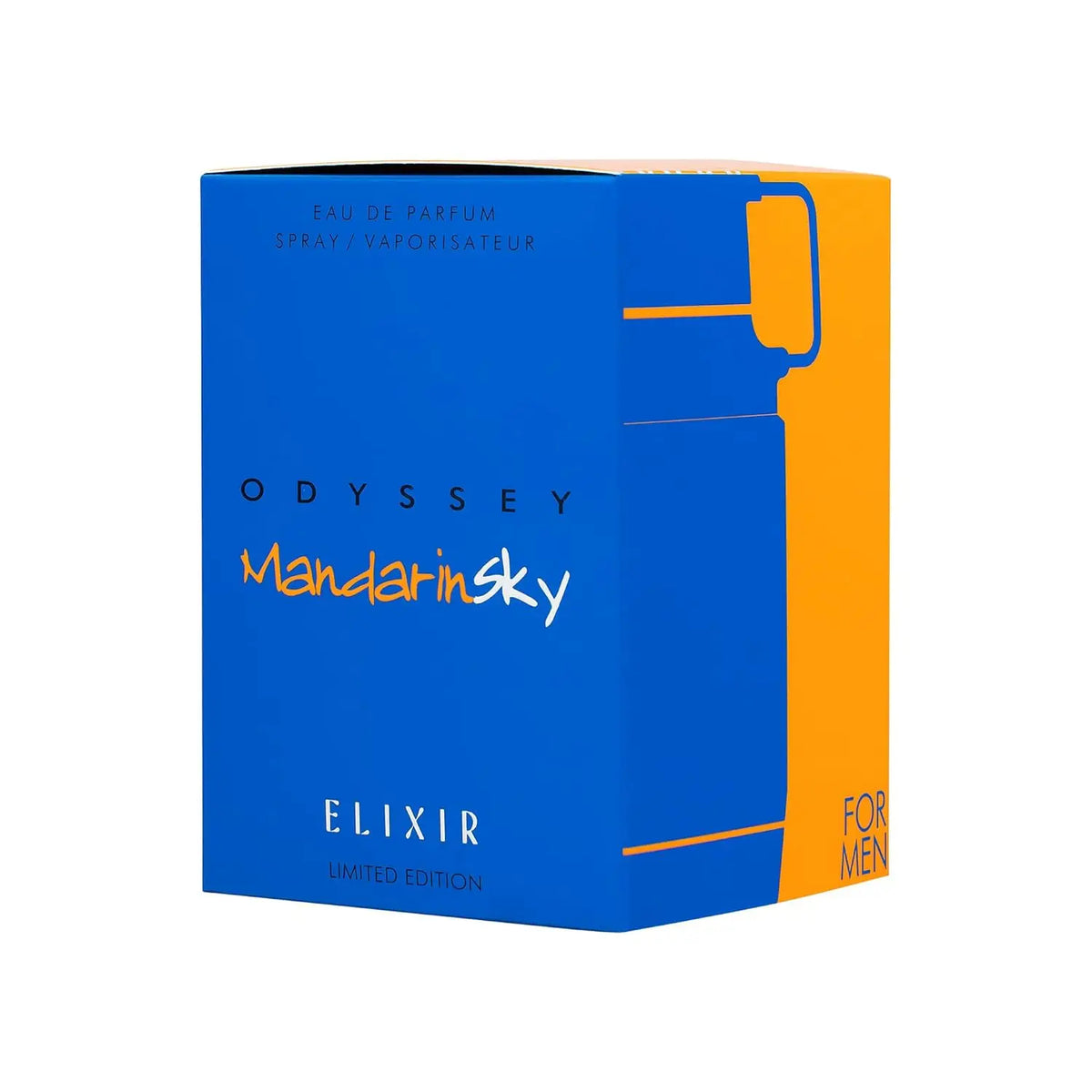 Blue rectangular fragrance packaging box with orange accents