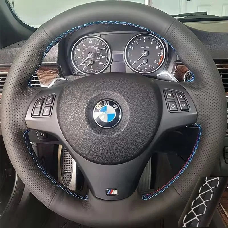 Microfiber Leather Steering Wheel Cover for BMW E81 E90 E92 M Sport – White Thread