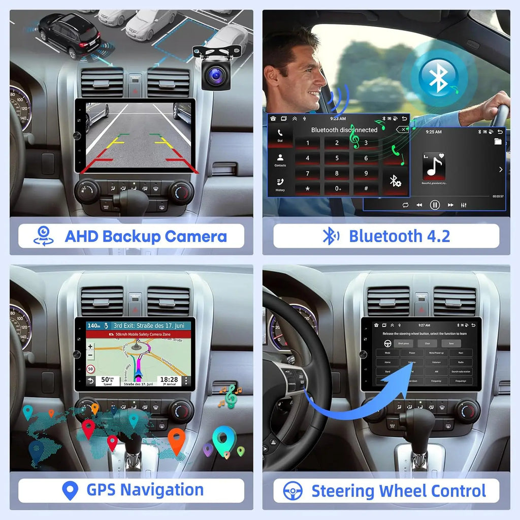 Car stereo features including backup camera, Bluetooth, GPS navigation, and steering wheel control