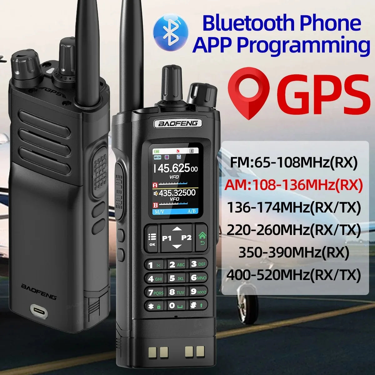 Handheld two-way radio with Bluetooth app programming and frequency range specifications shown on a sky background.