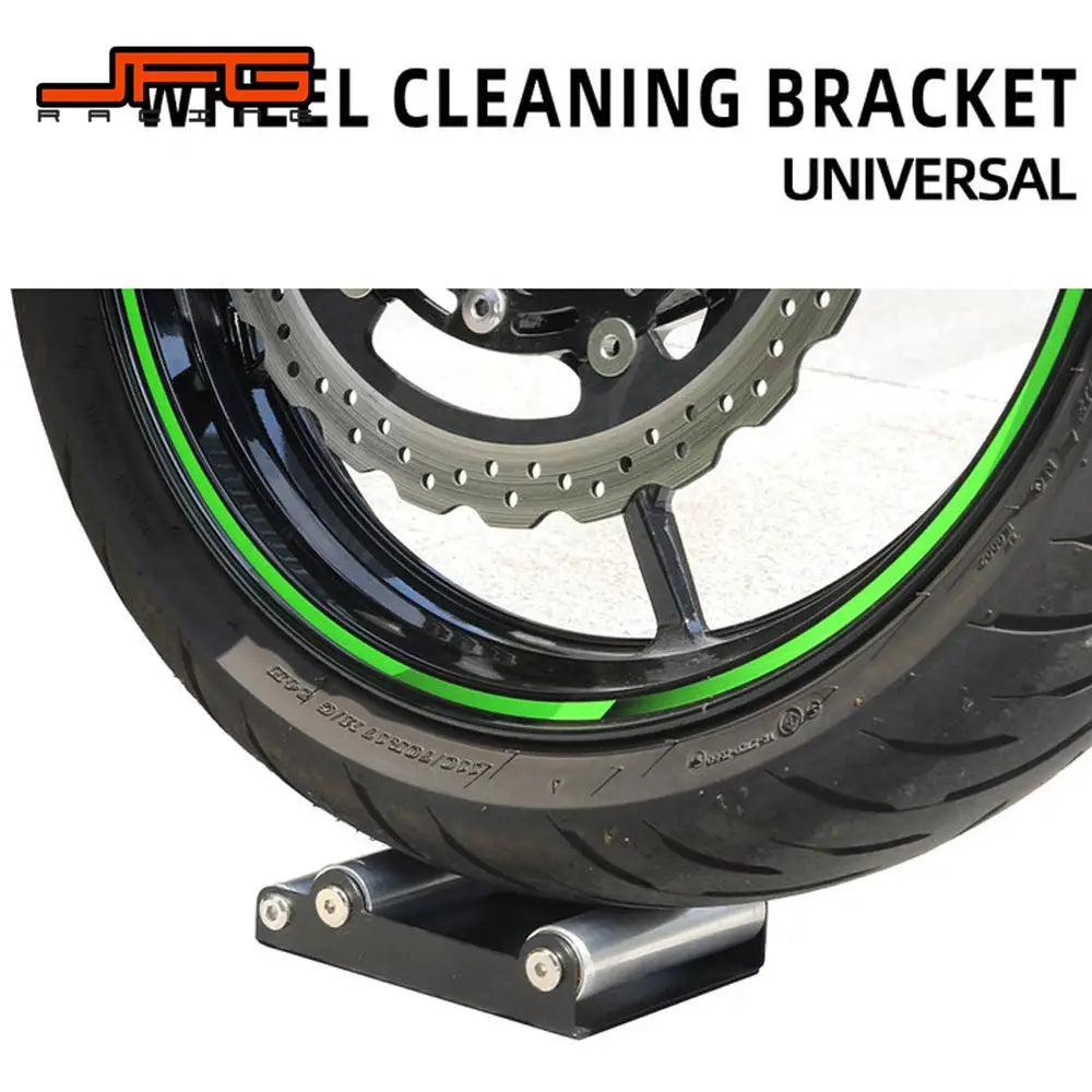 Motorcycle wheel cleaning bracket under a motorcycle rear tire for maintenance.