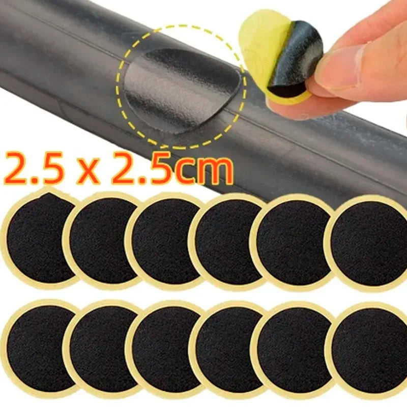 Multiple round black self-adhesive tire repair patches with 2.5cm size label.