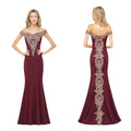Burgundy Mermaid Evening Dress with Off-Shoulder Gold Embroidery – Burgundy