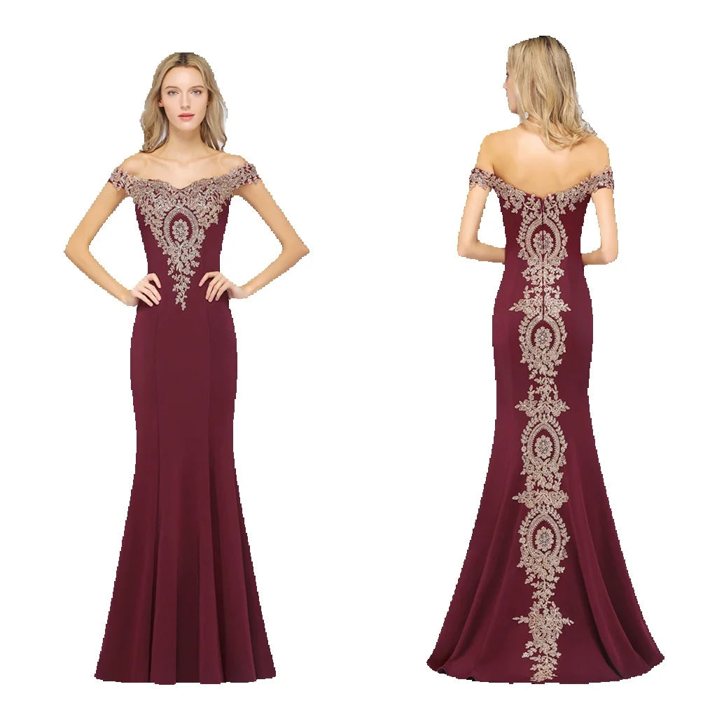 Burgundy Mermaid Evening Dress with Off-Shoulder Gold Embroidery – Burgundy