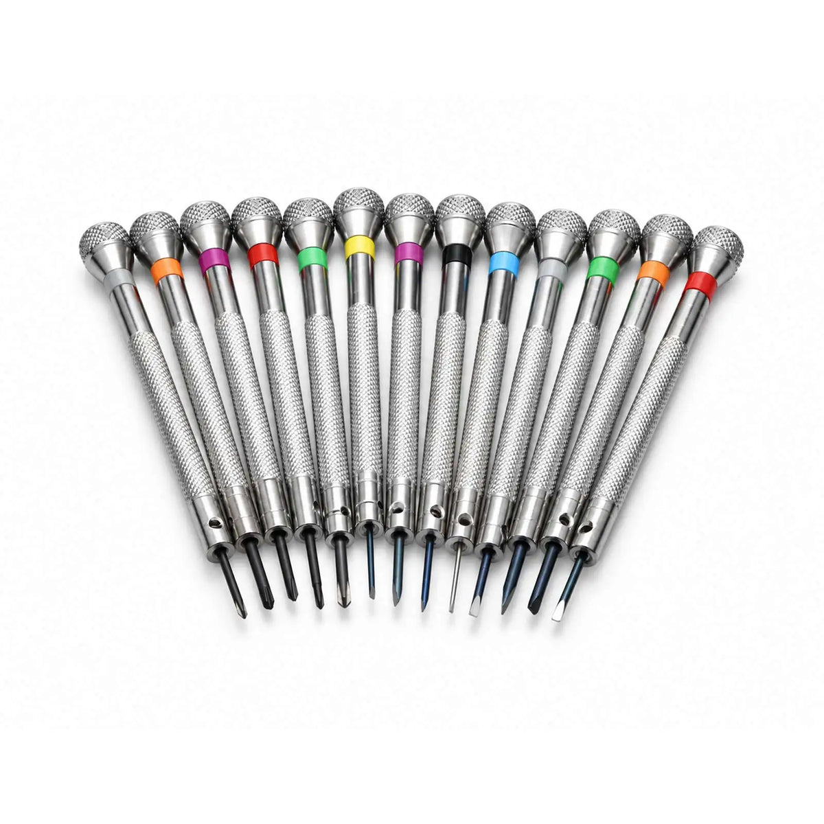 Thirteen assorted precision screwdrivers with different tip types and color-coded ring identifiers.